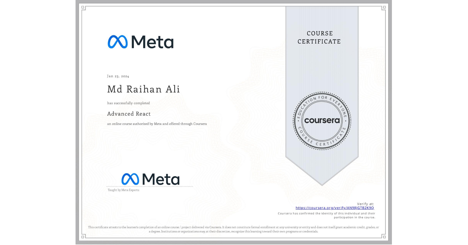 Advanced React certificate