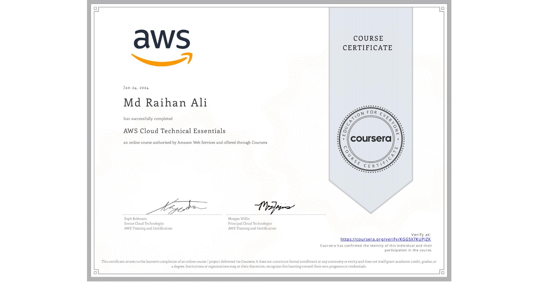 AWS Cloud Technical Essentials certificate