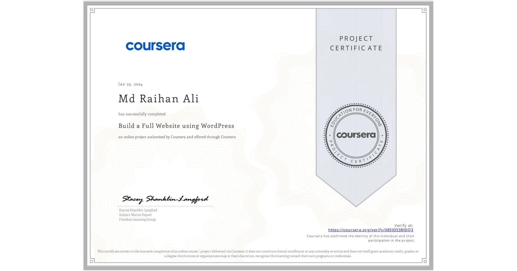 Build a Full Website using WordPress certificate