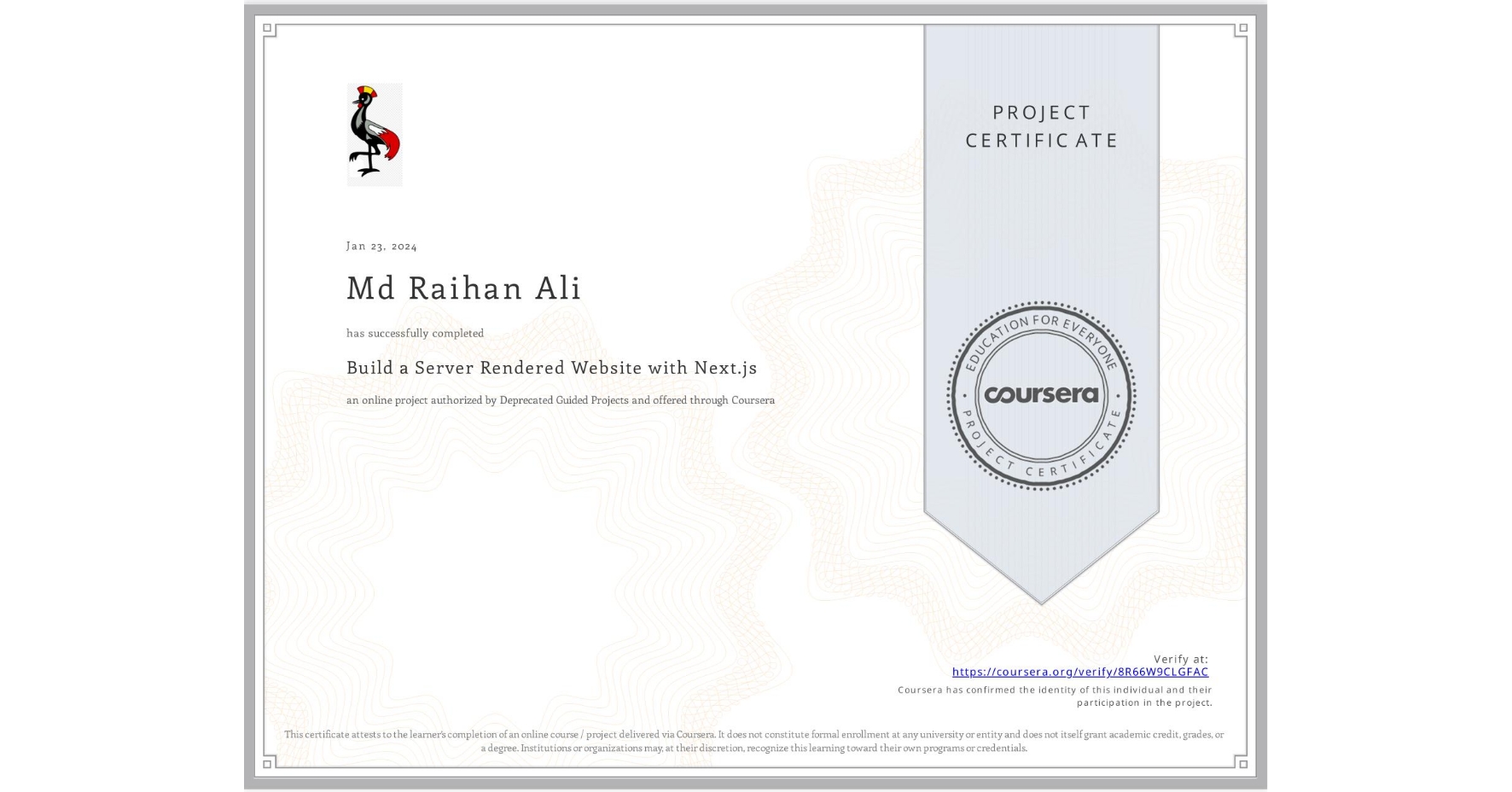 Build a Server Rendered Website with Next.js certificate
