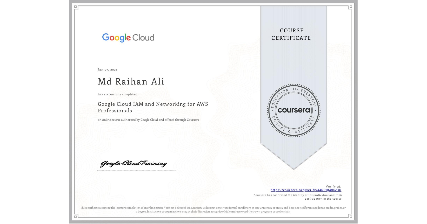 Google Cloud IAM and Networking for AWS Professionals certificate
