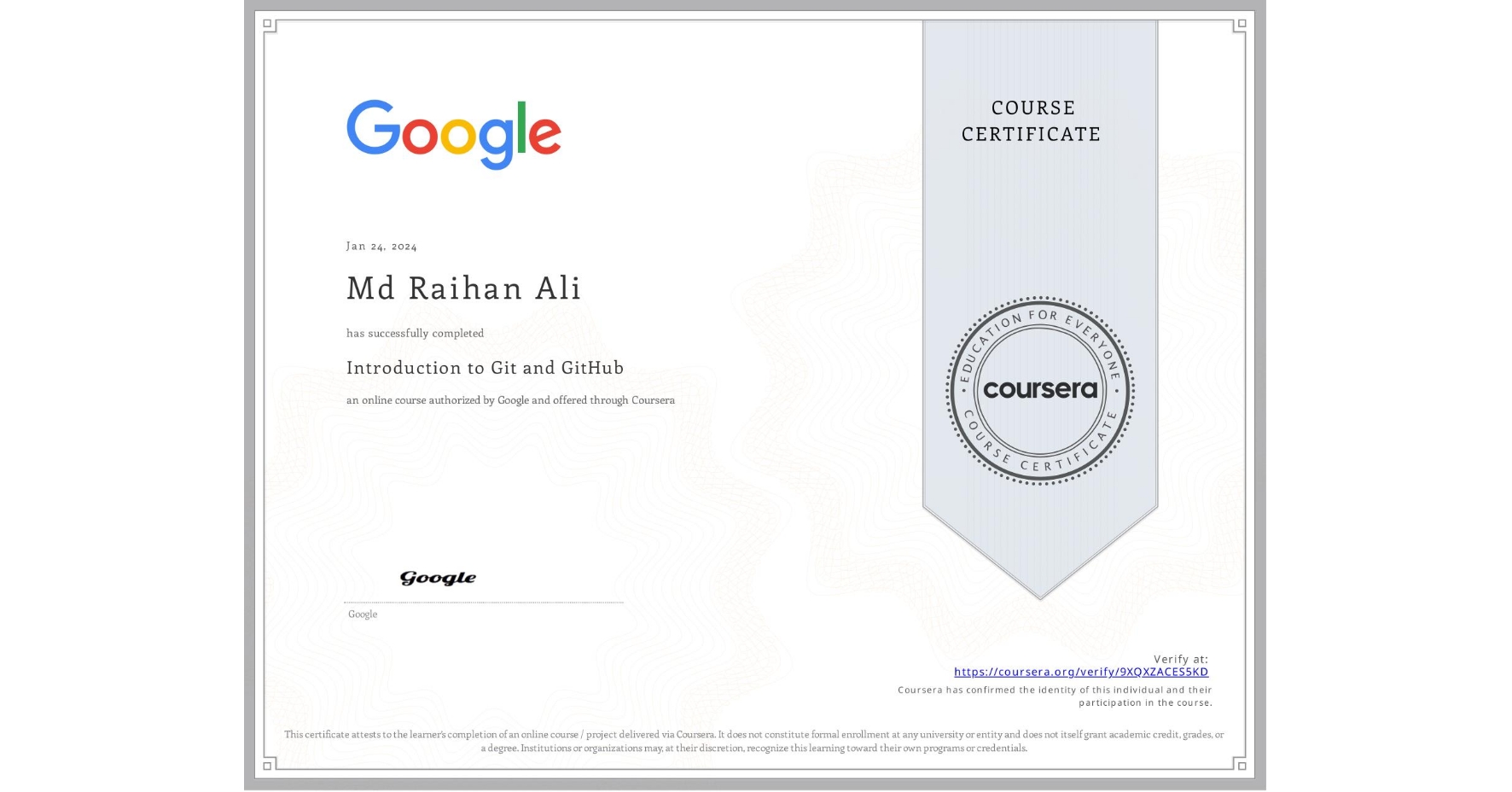 Introduction to Git and GitHub certificate