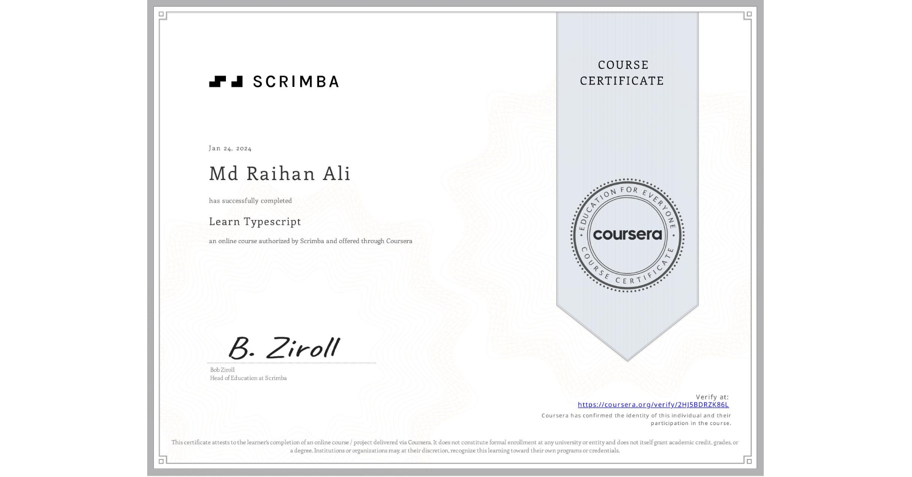 Learn Typescript certificate