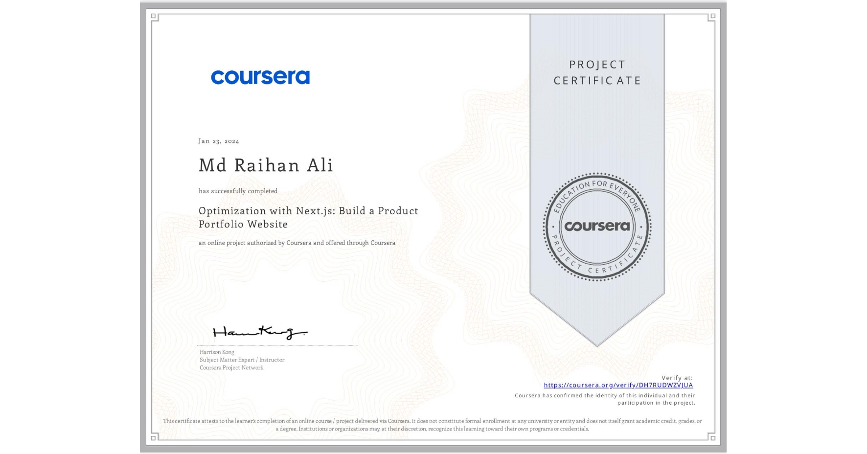 Optimization with Next.js: Build a Product Portfolio Website certificate