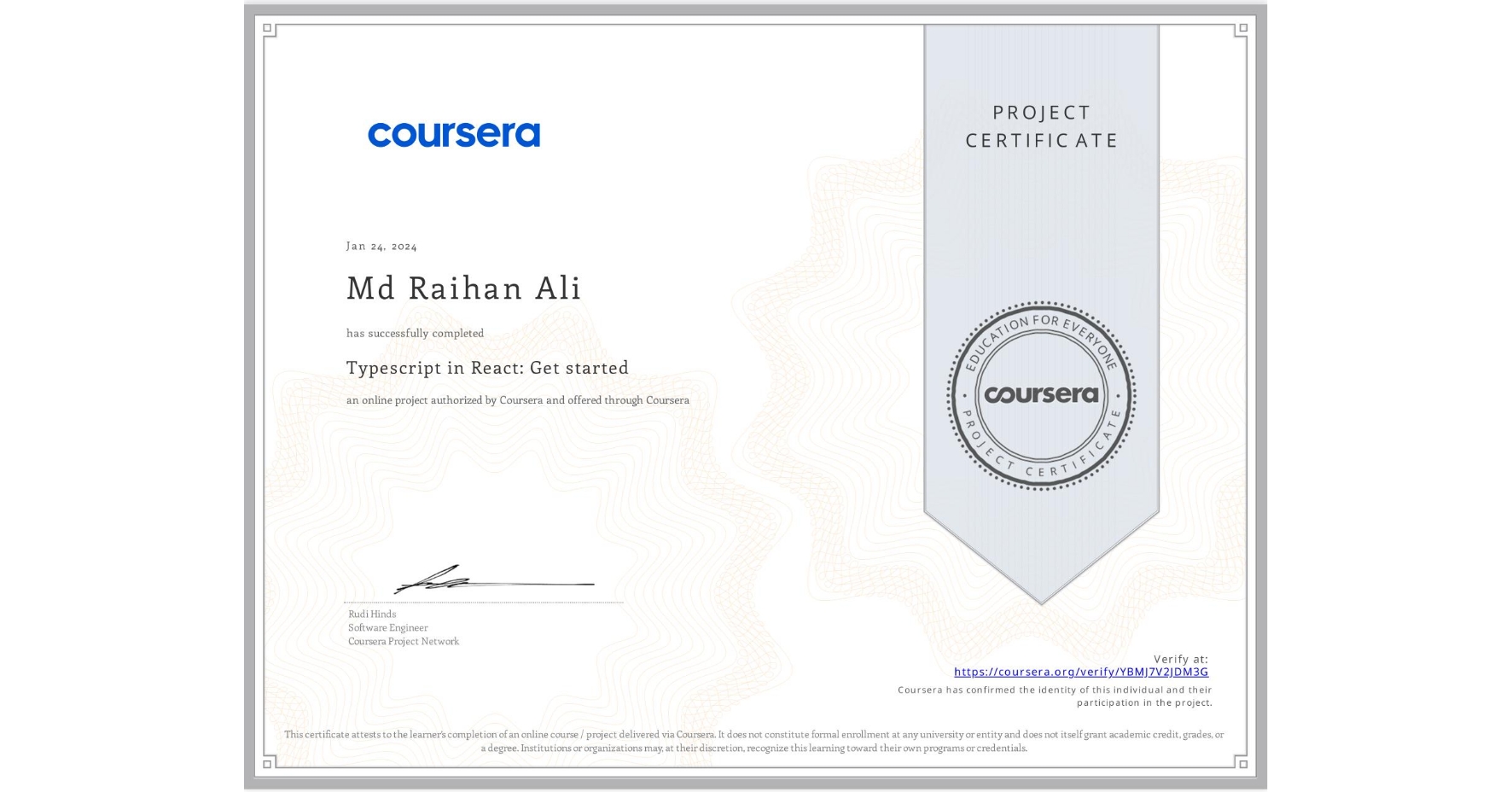 Typescript in React: Get started certificate
